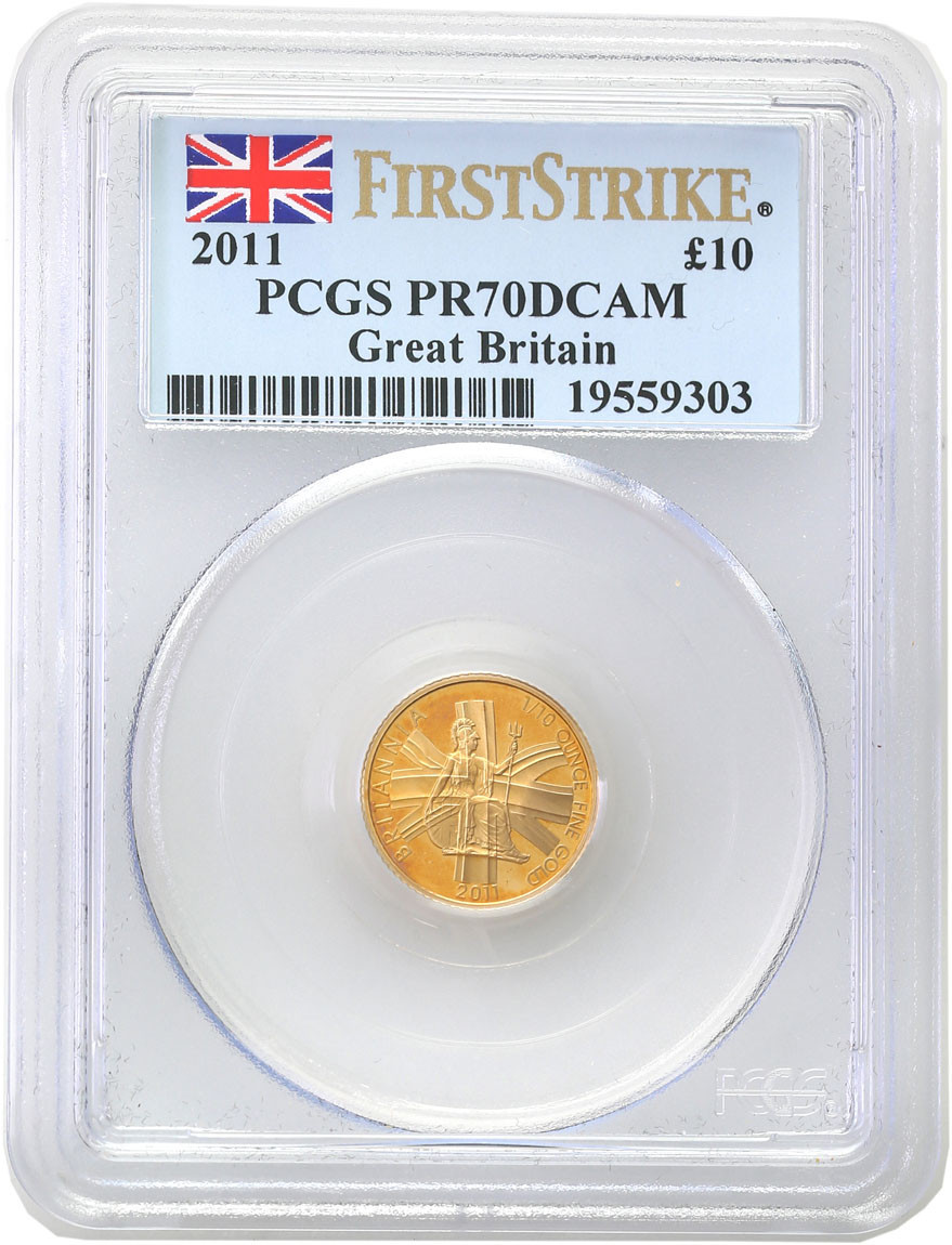 W. Brytania. Elżbieta II. 10 funtów 2011 PCGS PR70 DCAM (MAX) 1/10 uncji złota